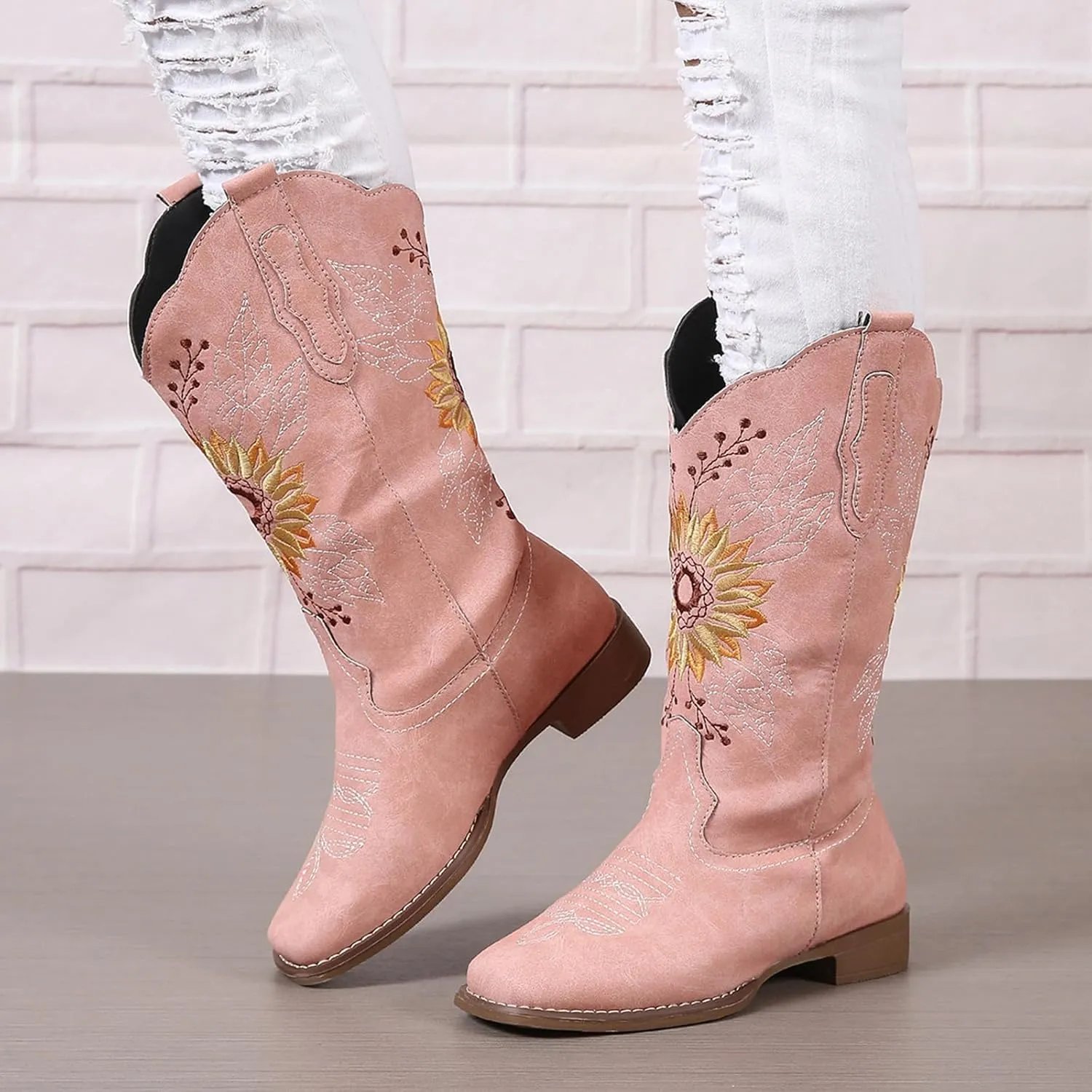 SACFOF Cowboy Boots for Women Square Toe Sunflower Cowgirl Boots Mid Calf Western Embroidered Stitched Low Heel Boots