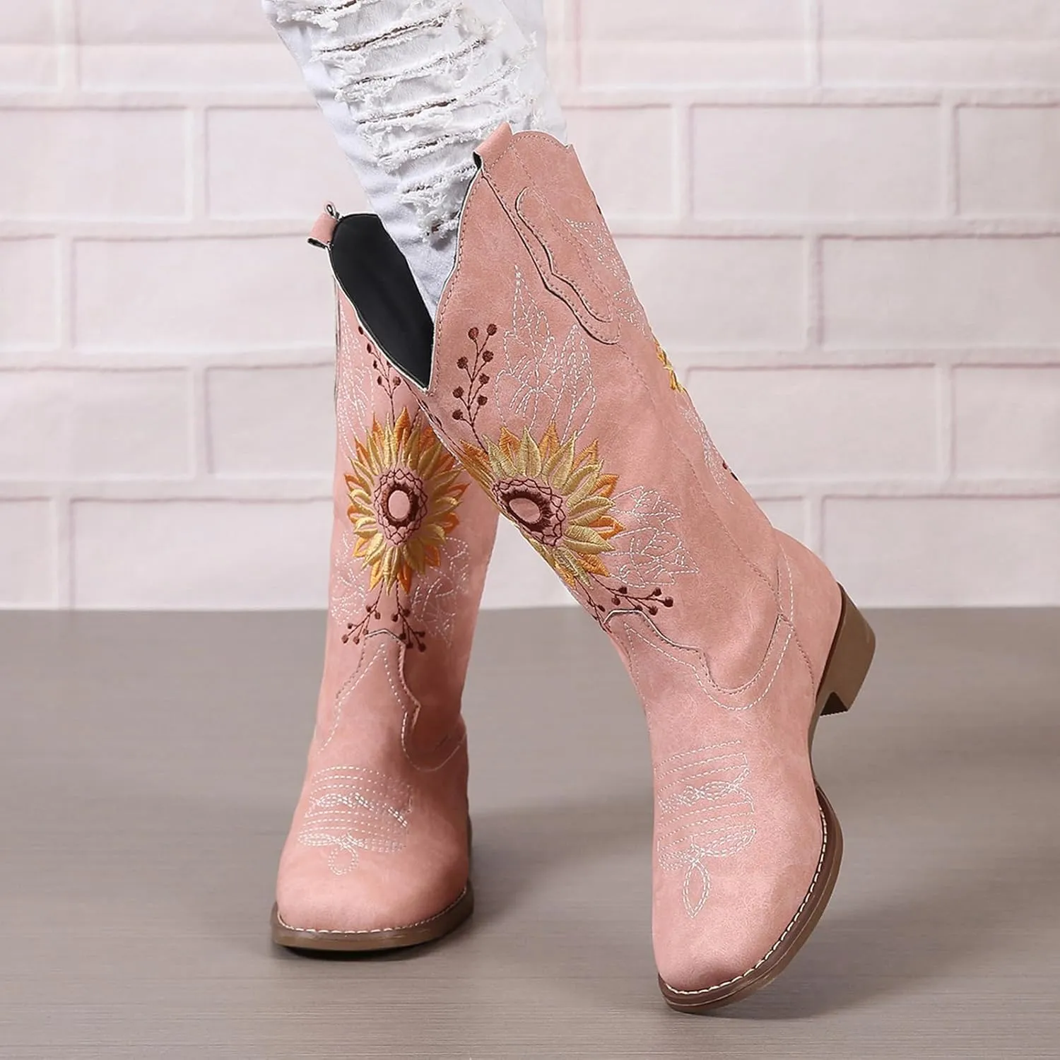 SACFOF Cowboy Boots for Women Square Toe Sunflower Cowgirl Boots Mid Calf Western Embroidered Stitched Low Heel Boots