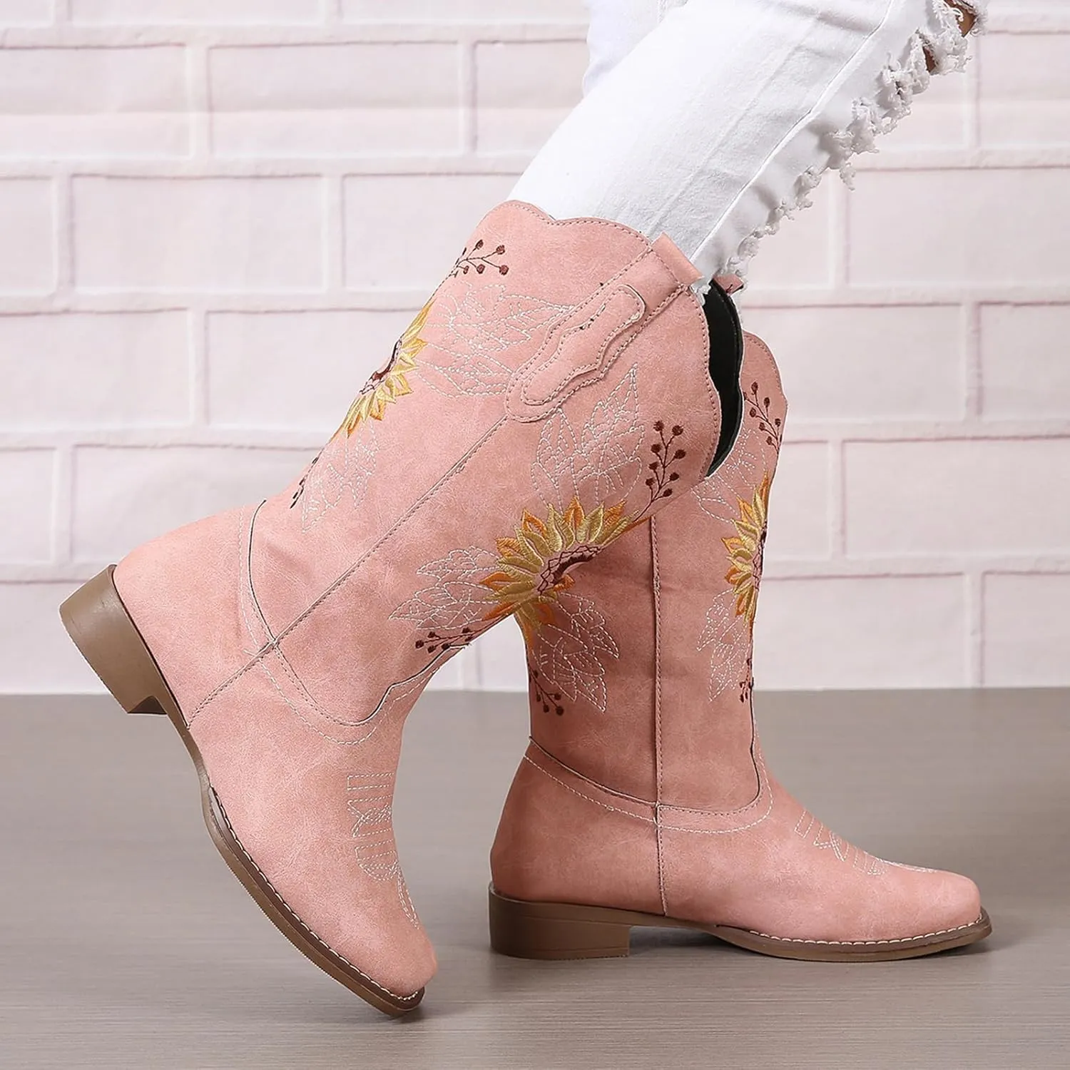 SACFOF Cowboy Boots for Women Square Toe Sunflower Cowgirl Boots Mid Calf Western Embroidered Stitched Low Heel Boots