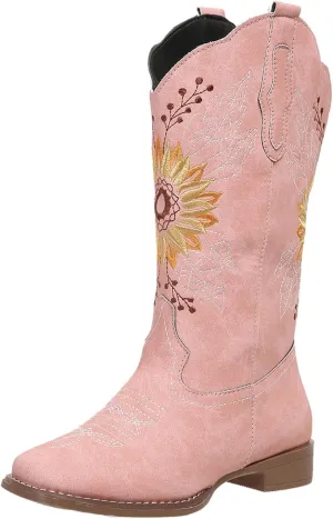 SACFOF Cowboy Boots for Women Square Toe Sunflower Cowgirl Boots Mid Calf Western Embroidered Stitched Low Heel Boots