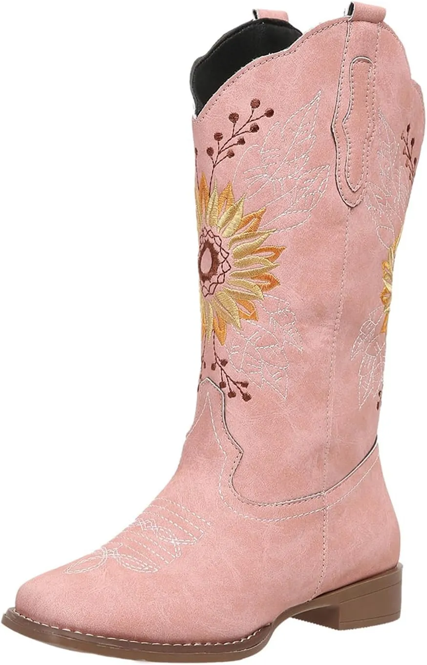 SACFOF Cowboy Boots for Women Square Toe Sunflower Cowgirl Boots Mid Calf Western Embroidered Stitched Low Heel Boots