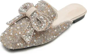 SAFECAMS Women's Rhinestone Bow Flat Mules Comfortable Square Toe Slip on Penny Loafers Ladies Baotou Clogs Half Slides Mules