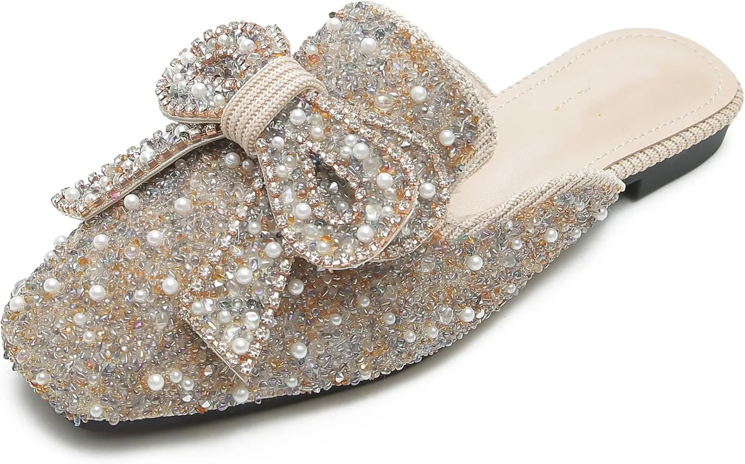 SAFECAMS Women's Rhinestone Bow Flat Mules Comfortable Square Toe Slip on Penny Loafers Ladies Baotou Clogs Half Slides Mules