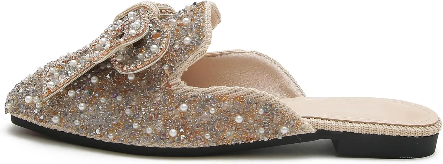 SAFECAMS Women's Rhinestone Bow Flat Mules Comfortable Square Toe Slip on Penny Loafers Ladies Baotou Clogs Half Slides Mules