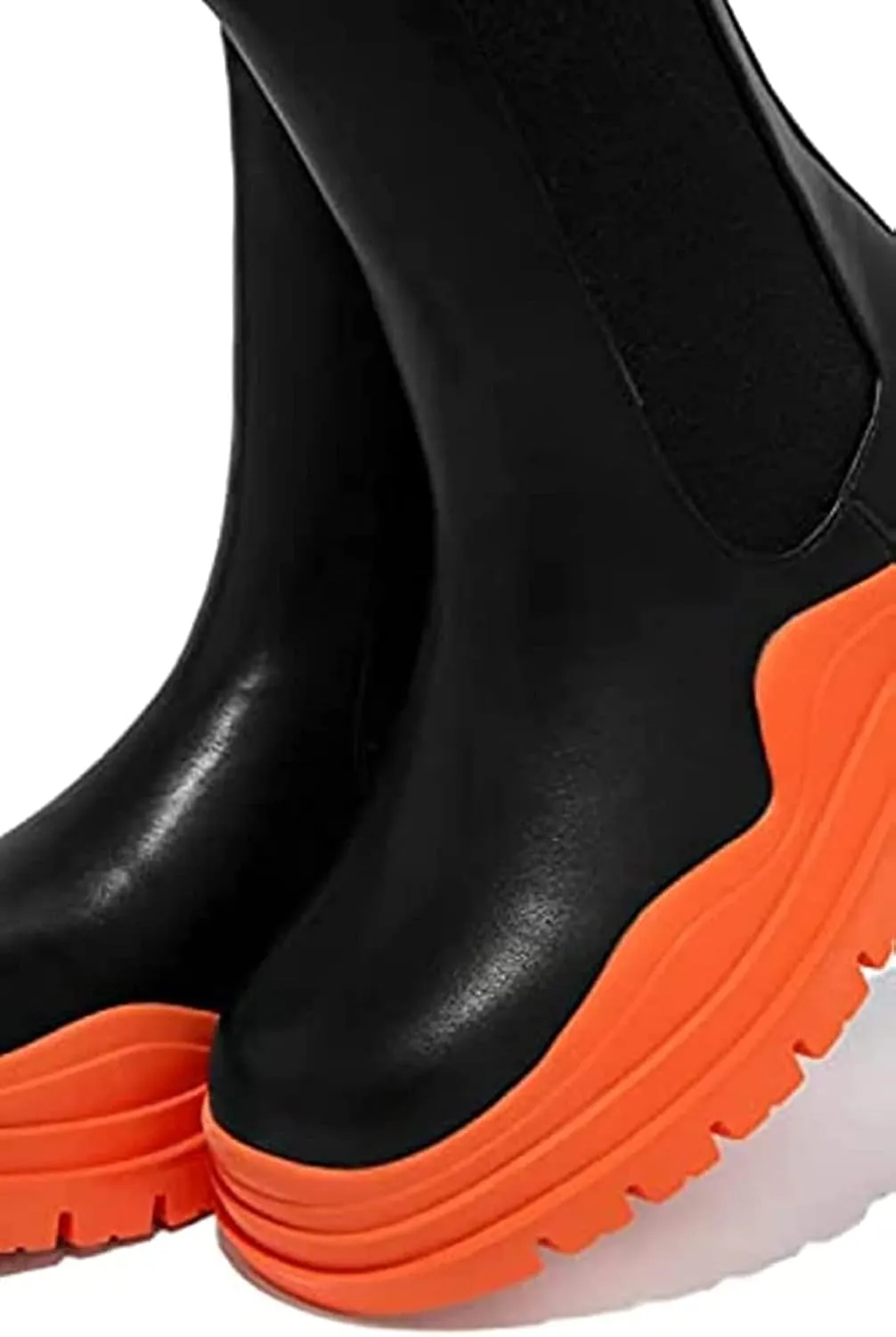 SANIOOOI Women Platform Chelsea Bootie,Fashion Mid Calf Boots Chunky Double Heel Round Toe Slip on Thick Sole