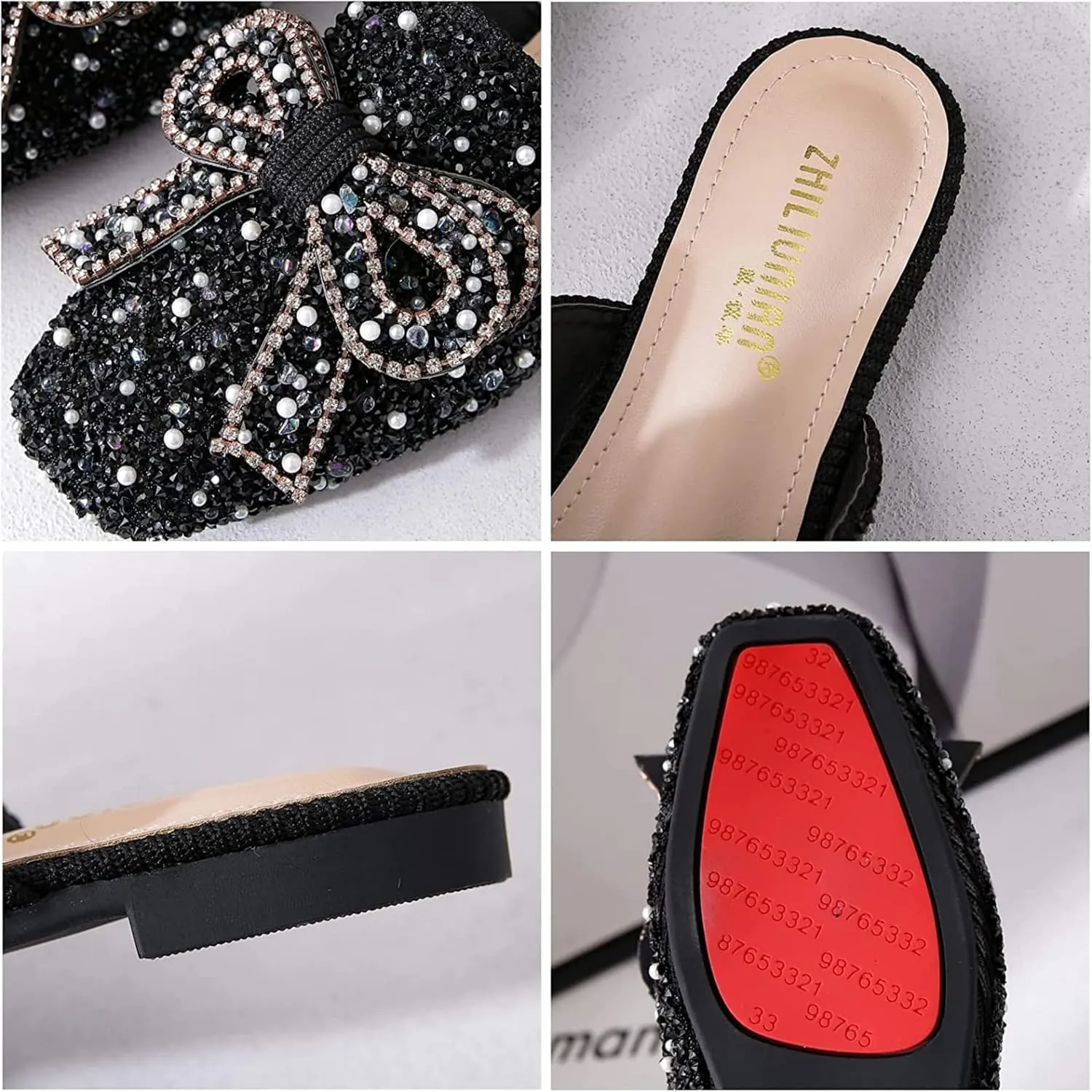 SANIOOOI Women's Pearl Rhinestone Bow Mules,Glitter Square Toe Slip on Flat Ladies Sparkly Baotou Clogs Slippers