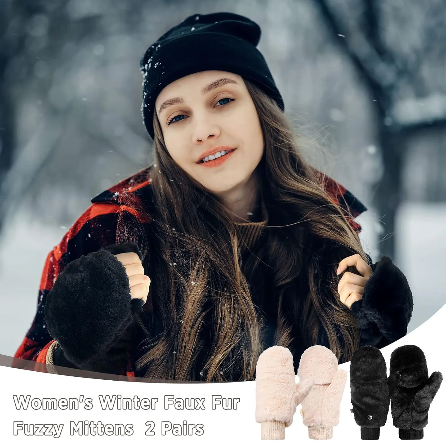 SATINIOR Faux Fur Mittens Fingerless Gloves Convertible Gloves Fluffy Winter Warm Soft Half Finger Fuzzy Mittens for Women