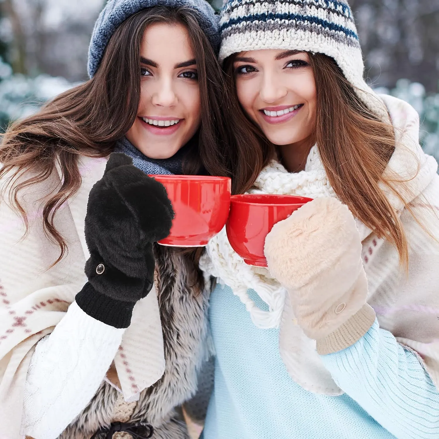 SATINIOR Faux Fur Mittens Fingerless Gloves Convertible Gloves Fluffy Winter Warm Soft Half Finger Fuzzy Mittens for Women