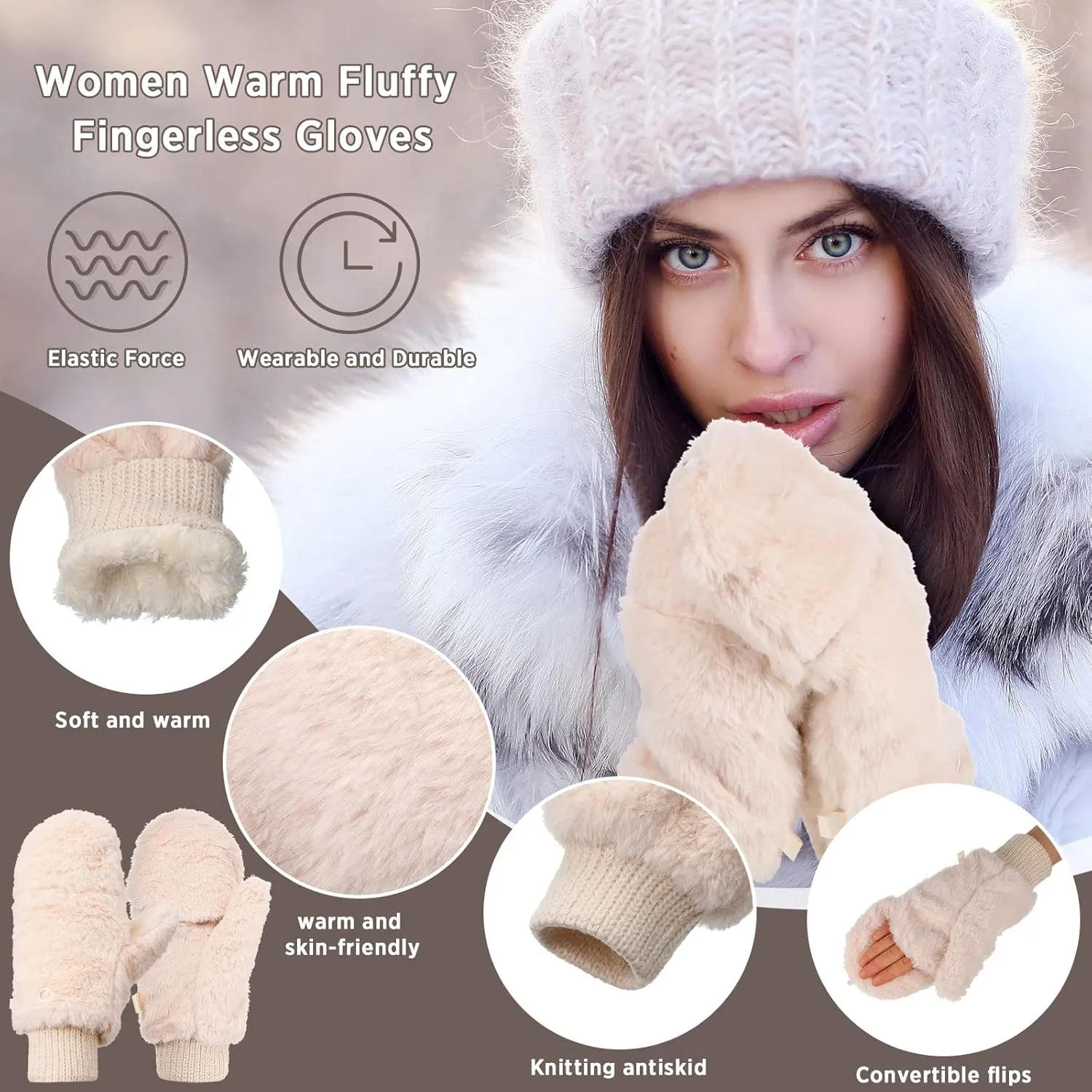 SATINIOR Faux Fur Mittens Fingerless Gloves Convertible Gloves Fluffy Winter Warm Soft Half Finger Fuzzy Mittens for Women