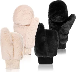 SATINIOR Faux Fur Mittens Fingerless Gloves Convertible Gloves Fluffy Winter Warm Soft Half Finger Fuzzy Mittens for Women