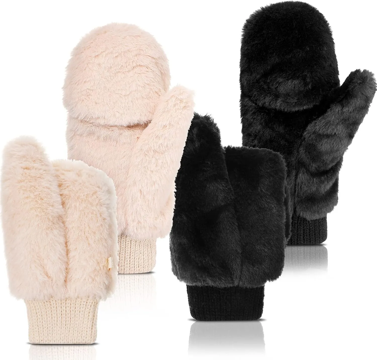 SATINIOR Faux Fur Mittens Fingerless Gloves Convertible Gloves Fluffy Winter Warm Soft Half Finger Fuzzy Mittens for Women