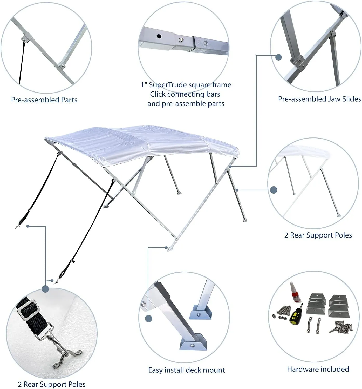 Savvycraft 4 Bow Bimini Top, 10 Feet Long Square Tube Bimini Top Set, Includes Marine Grade Canvas Cover, Storage Boot, Rear Poles with 1 Inch Aluminum Frame, Black, 4 Bow 120" L 54" H 97"- 103" W