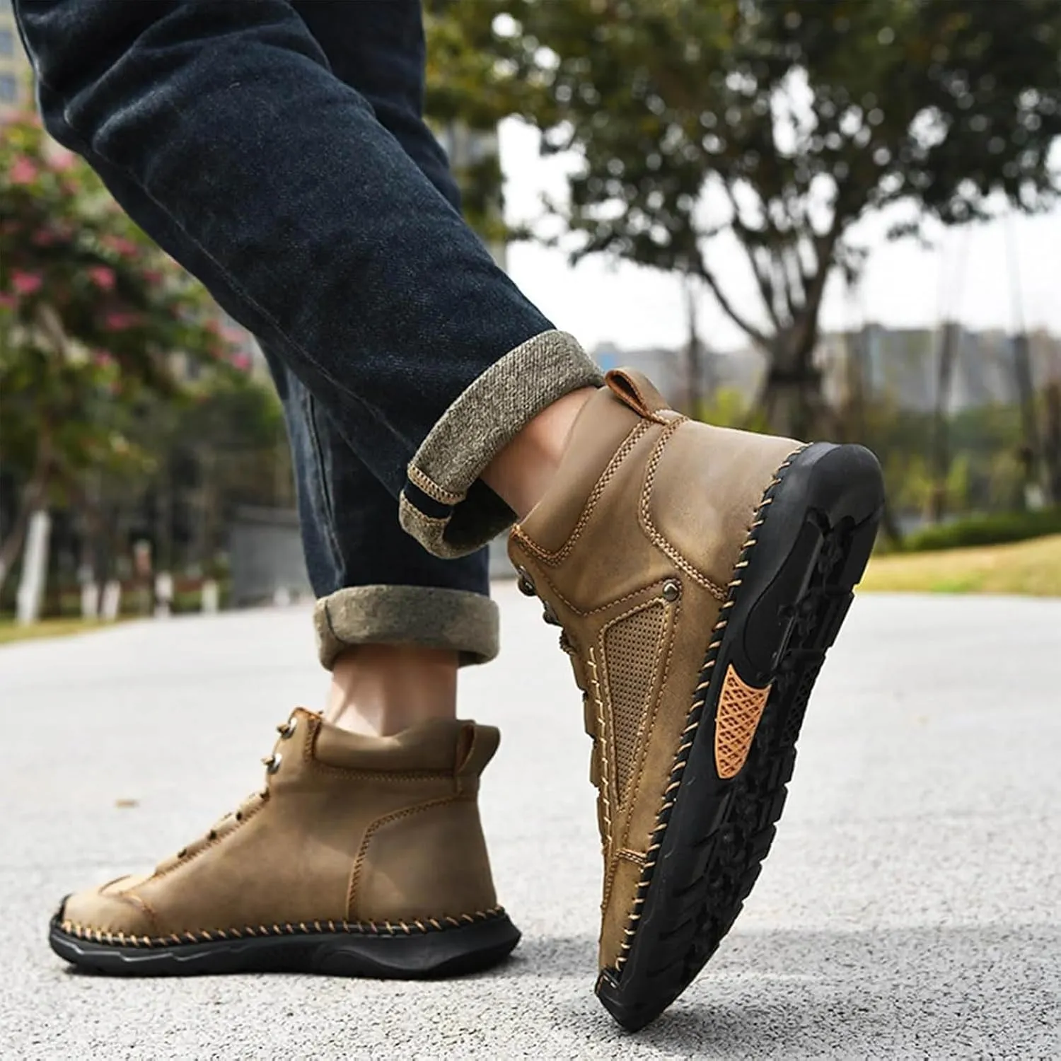 Sawbehind Mens Boots, Men's Comfortable Handmade Leather Boots, Arch Support, Slip-On, Wide Toe Waterproof Design