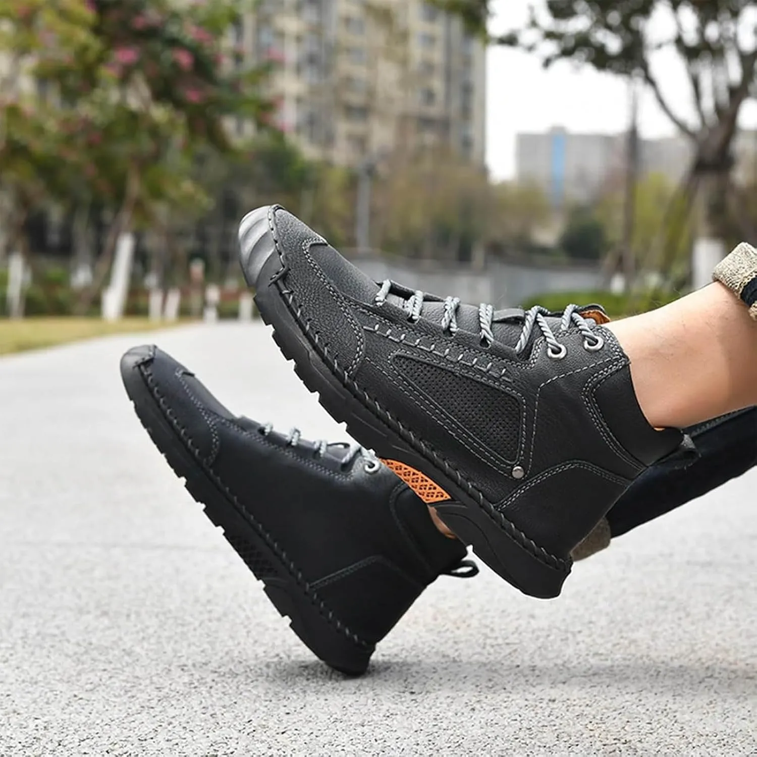 Sawbehind Mens Boots, Men's Comfortable Handmade Leather Boots, Arch Support, Slip-On, Wide Toe Waterproof Design