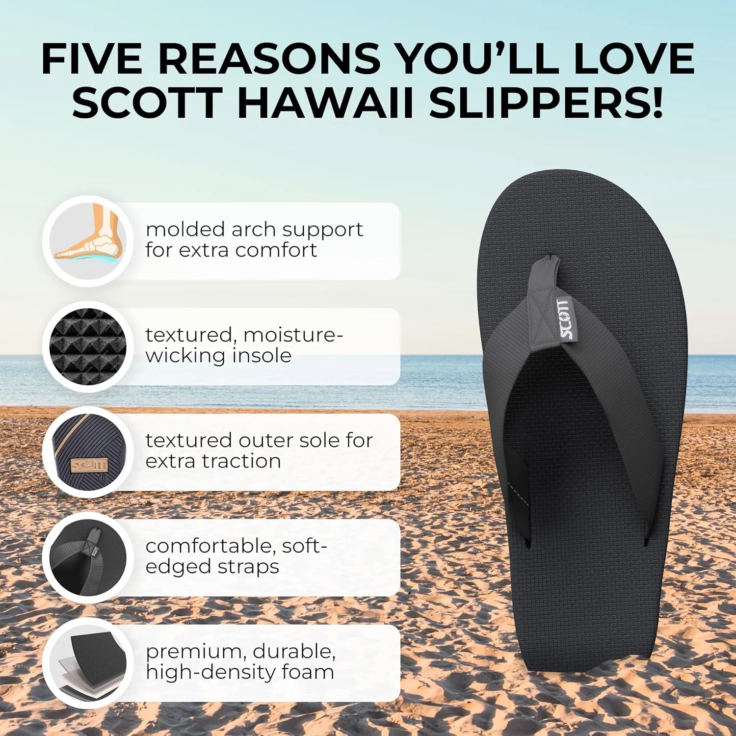 Scott Hawaii Makaha Flip Flop | Custom Molded Outsole with Arch Support | Podiatrist Recommended