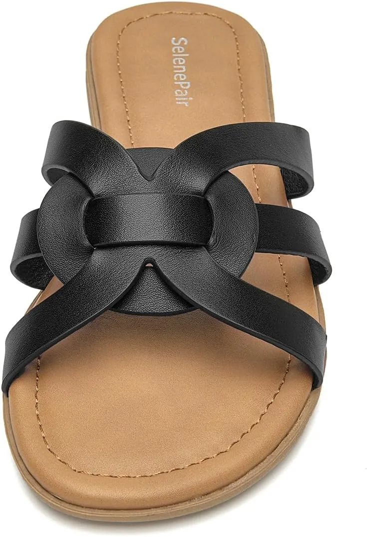 SelenePair Women's Flat Sandals Cross Strap Dress Slide Sandals Casual Summer Beach Shoes