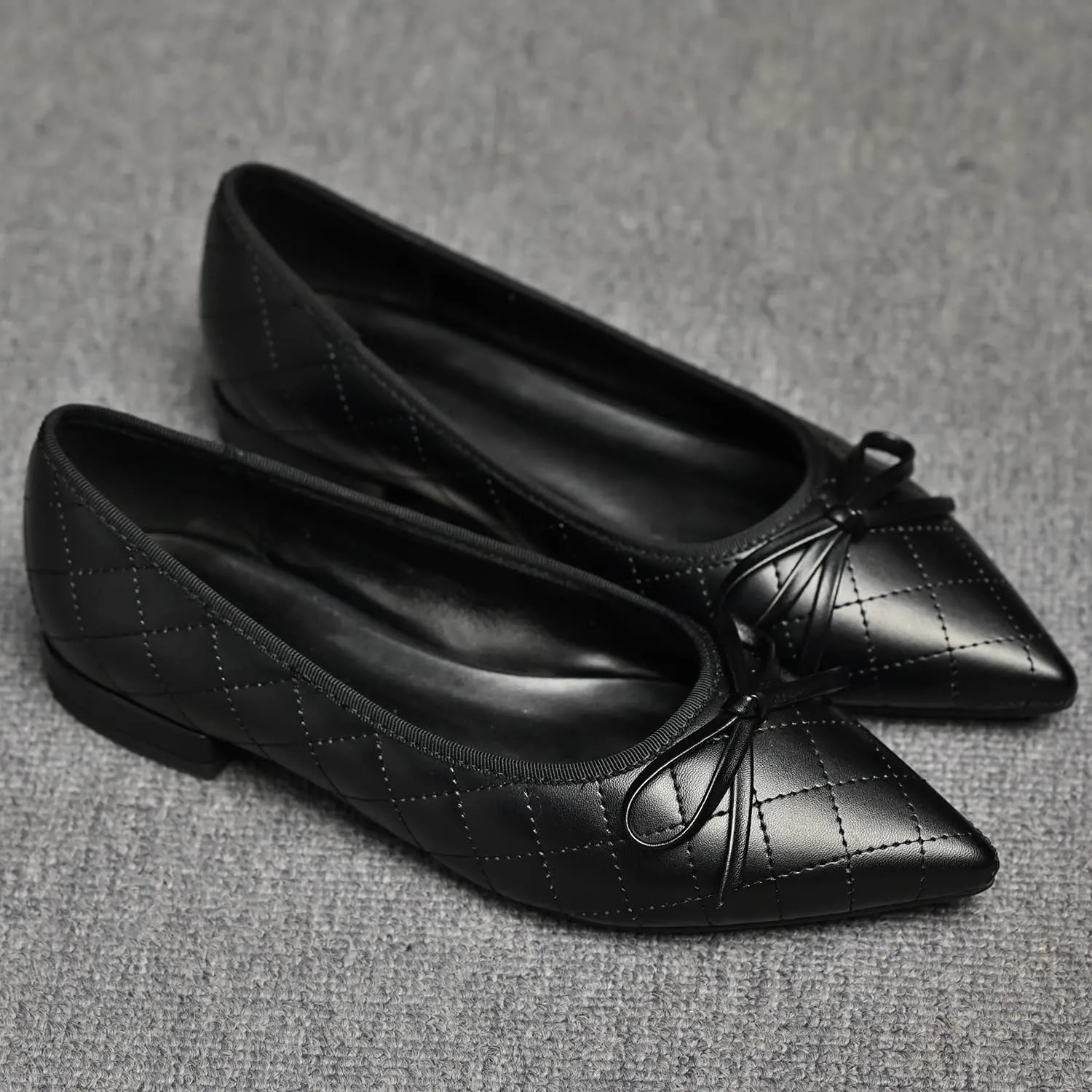 SHODENSE Women Quilted Bow Flats Pointed Toe Slip On Ballet Flats Comfortable Pointy Toe Flat Shoes Bow Tie 0.5 Inch Flat Heel Dress Shoes Matte Office Party Wedding Bridal Driver Flats 4-11 M US