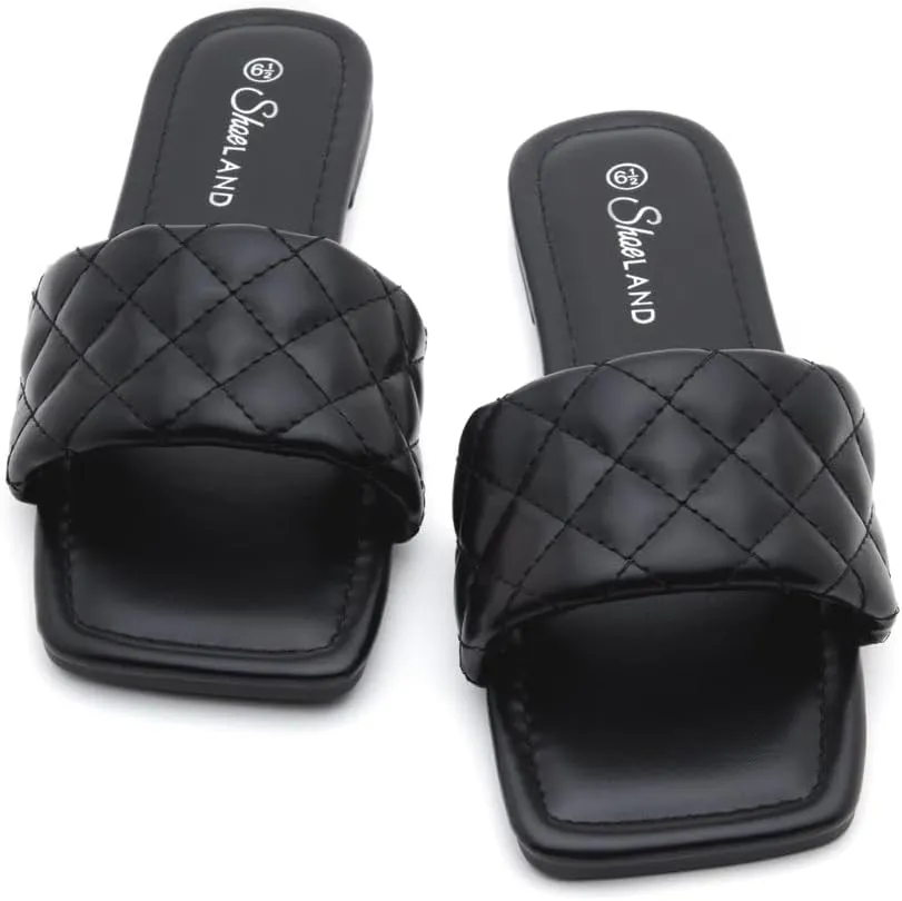 Shoe Land Anisha Women's Flat Sandals, Fashion Slides with Square Open Toe, Quilted Single Band Dressy Sandals, Slip-On Slippers for Summer, Daily Wear, Prom, and Party
