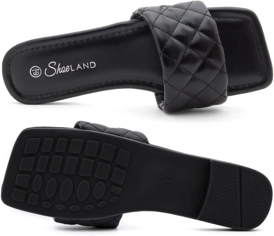 Shoe Land Anisha Women's Flat Sandals, Fashion Slides with Square Open Toe, Quilted Single Band Dressy Sandals, Slip-On Slippers for Summer, Daily Wear, Prom, and Party