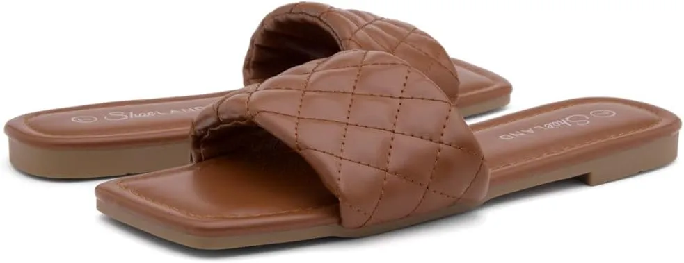 Shoe Land Anisha Women's Flat Sandals, Fashion Slides with Square Open Toe, Quilted Single Band Dressy Sandals, Slip-On Slippers for Summer, Daily Wear, Prom, and Party