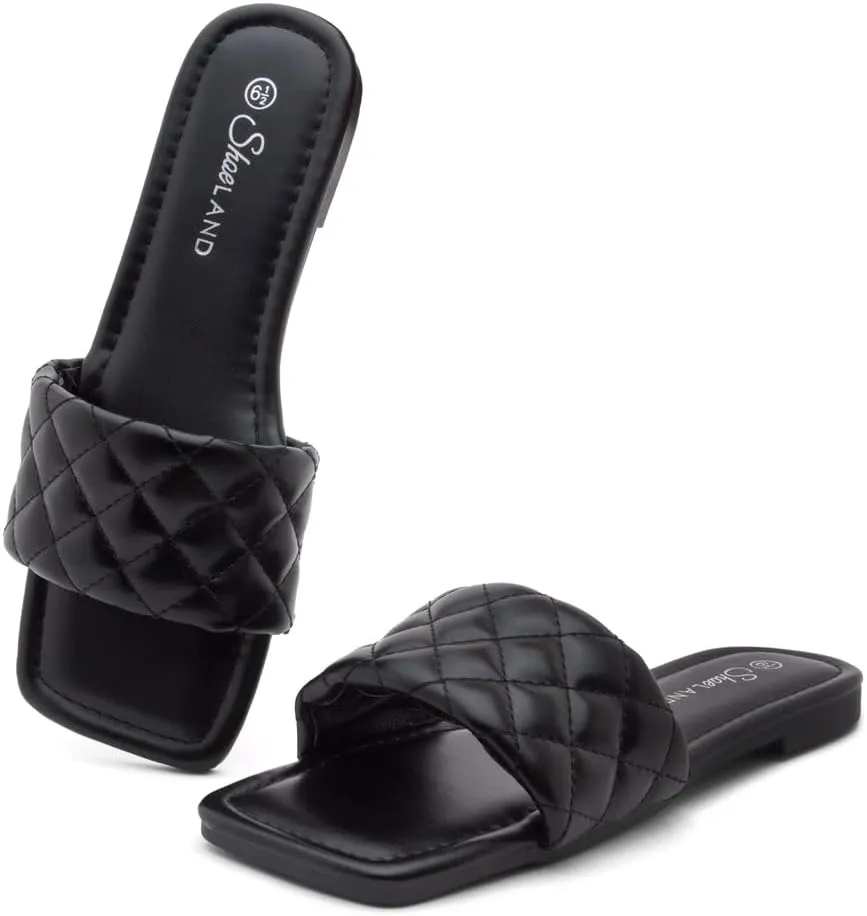 Shoe Land Anisha Women's Flat Sandals, Fashion Slides with Square Open Toe, Quilted Single Band Dressy Sandals, Slip-On Slippers for Summer, Daily Wear, Prom, and Party