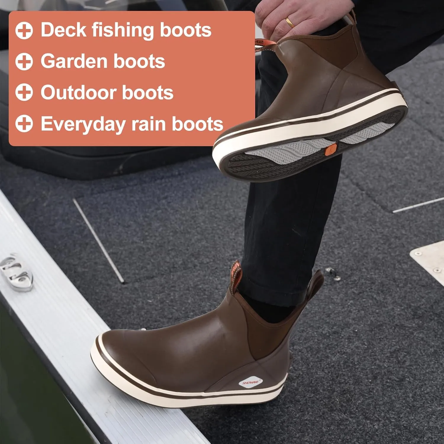 Showave Men's Deck Boots Waterproof Ankle Rubber Rain Boots Non-slip Boat Booties for Sailing Fishing and Outdoors