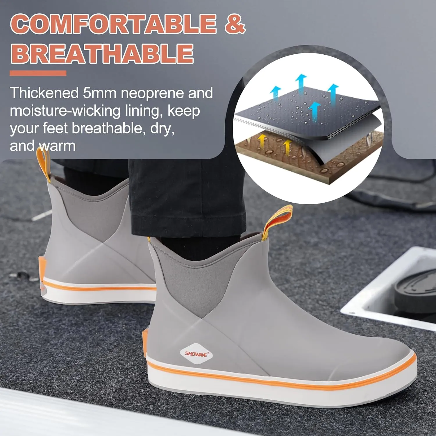 Showave Men's Deck Boots Waterproof Ankle Rubber Rain Boots Non-slip Boat Booties for Sailing Fishing and Outdoors