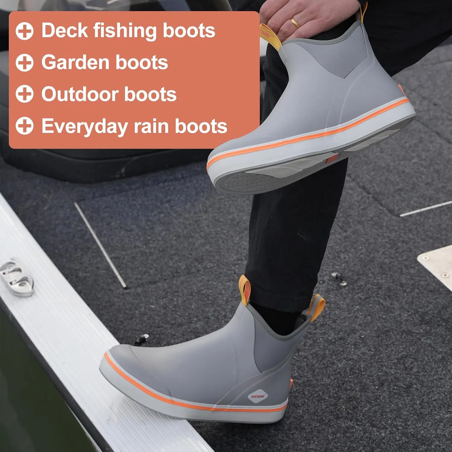 Showave Men's Deck Boots Waterproof Ankle Rubber Rain Boots Non-slip Boat Booties for Sailing Fishing and Outdoors