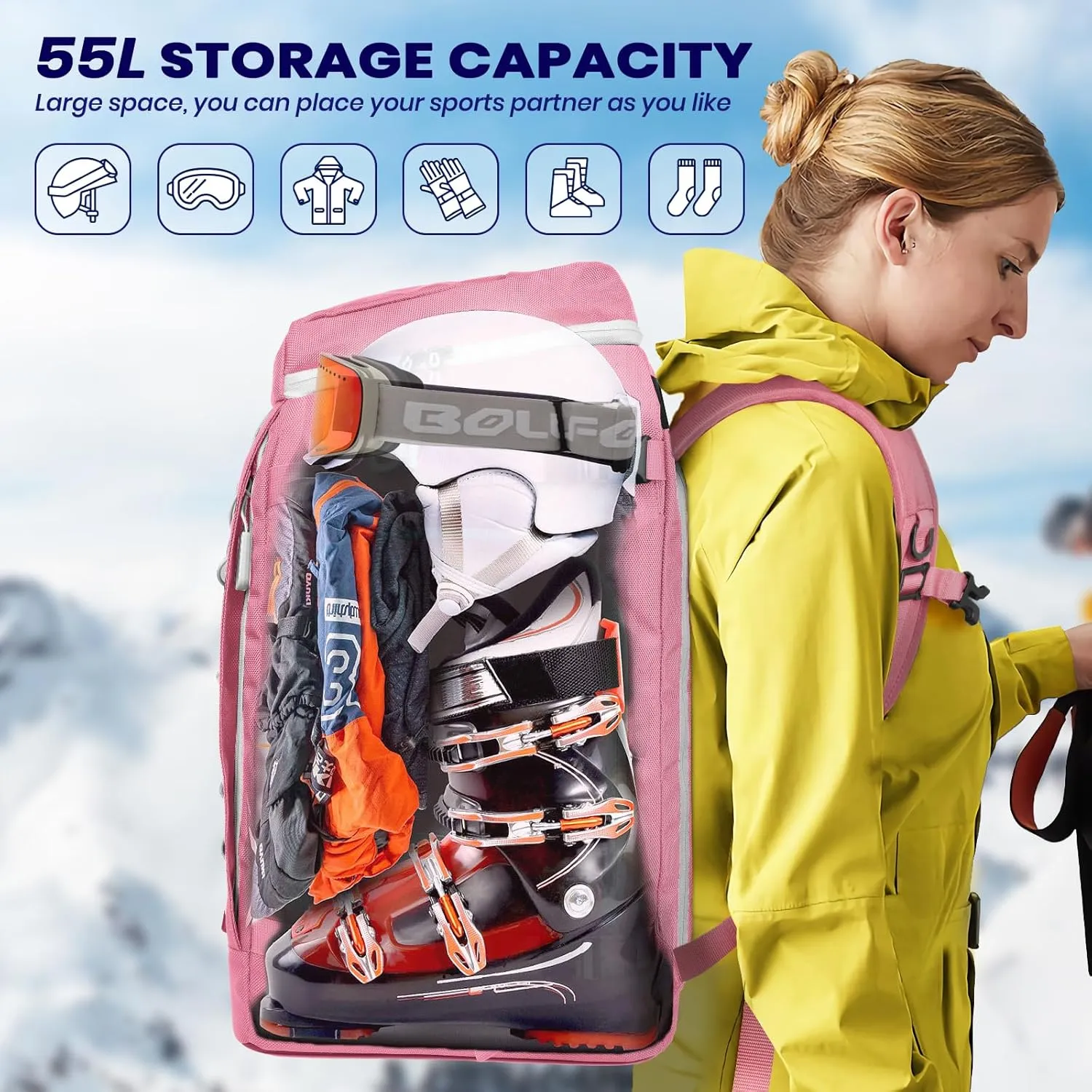 Ski Boot Bag, Large 55L Ski Boot Bag Backpack 1680D Nylon Waterproof Ski Bag for Helmet, Goggles, Gloves, Skis Snowboard & Accessories Travel