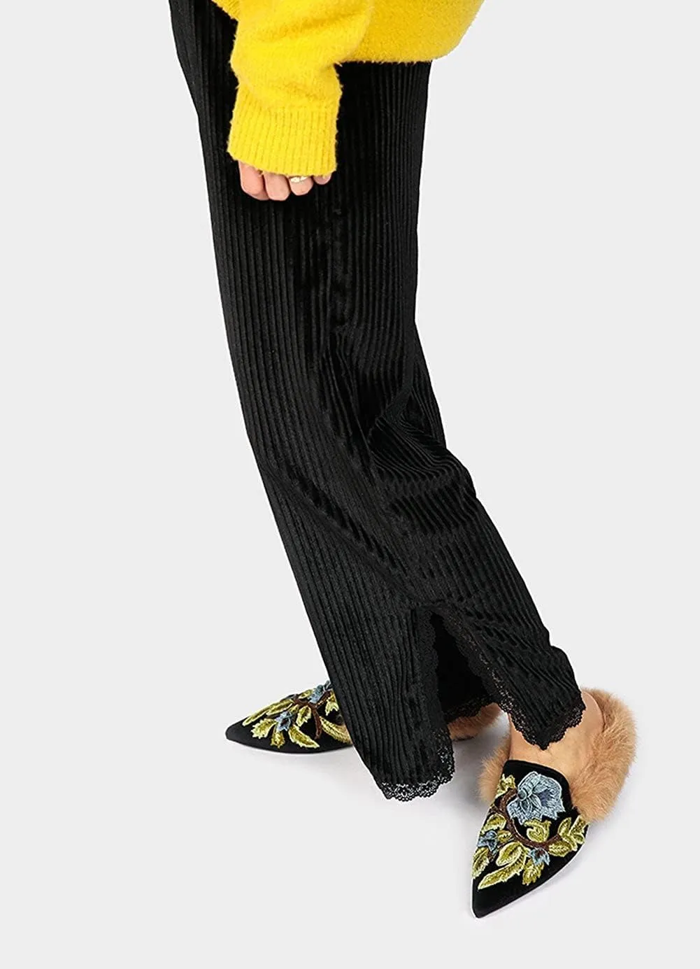 Slip On Loafers, Womens Embroidery Mule Shoes with Plush Lamb Fur Velvet Backless Pointed Toe Mule Slide