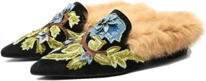 Slip On Loafers, Womens Embroidery Mule Shoes with Plush Lamb Fur Velvet Backless Pointed Toe Mule Slide