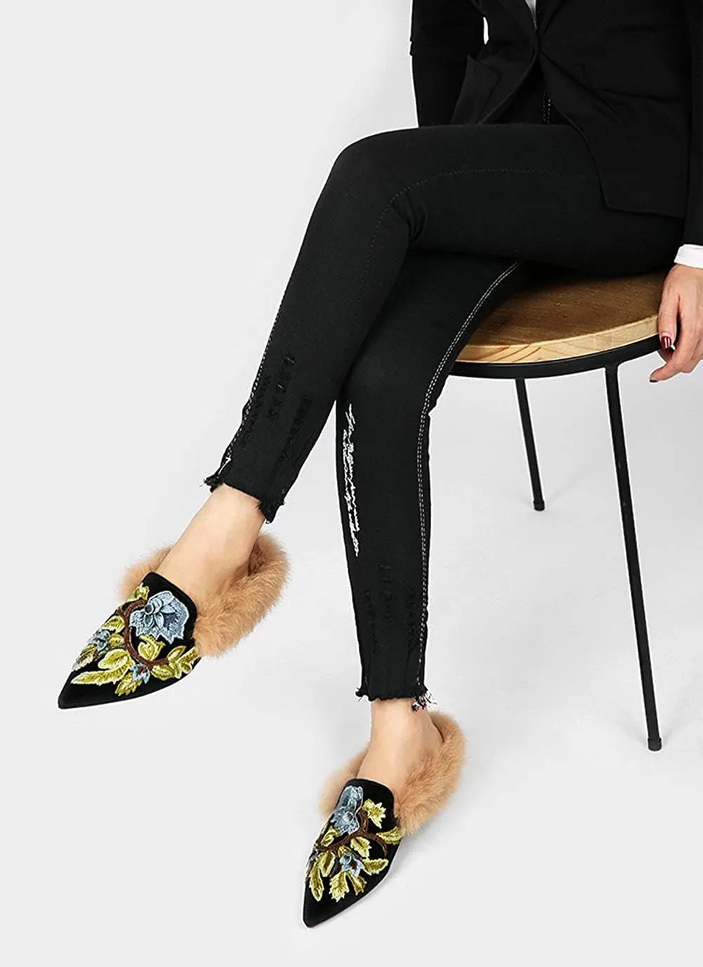 Slip On Loafers, Womens Embroidery Mule Shoes with Plush Lamb Fur Velvet Backless Pointed Toe Mule Slide