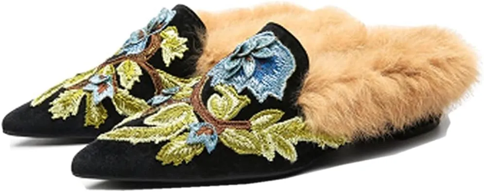 Slip On Loafers, Womens Embroidery Mule Shoes with Plush Lamb Fur Velvet Backless Pointed Toe Mule Slide