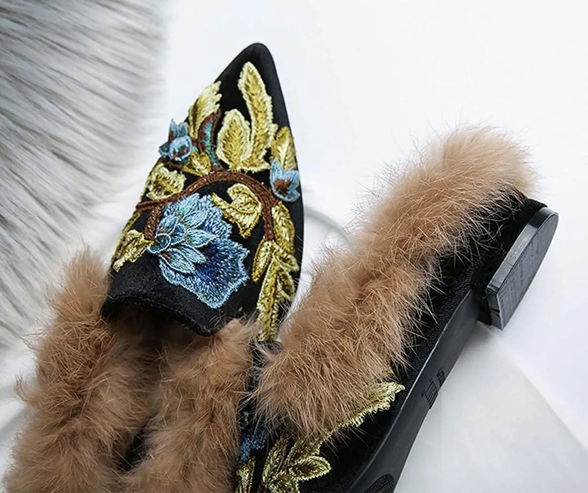 Slip On Loafers, Womens Embroidery Mule Shoes with Plush Lamb Fur Velvet Backless Pointed Toe Mule Slide