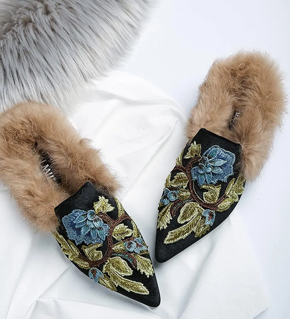 Slip On Loafers, Womens Embroidery Mule Shoes with Plush Lamb Fur Velvet Backless Pointed Toe Mule Slide