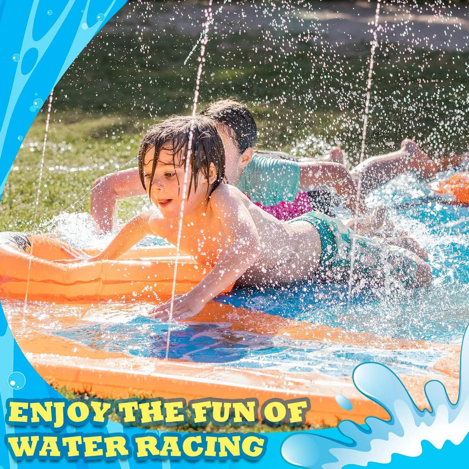 Slip Water Slide, 17ftx3 Lane Slip Water Slide for Kids Backyard Lawn,Summer Water Toys Outdoor Sprinkler with 3 Sliding Racing Lanes and 3 Inflatable Bodyboards