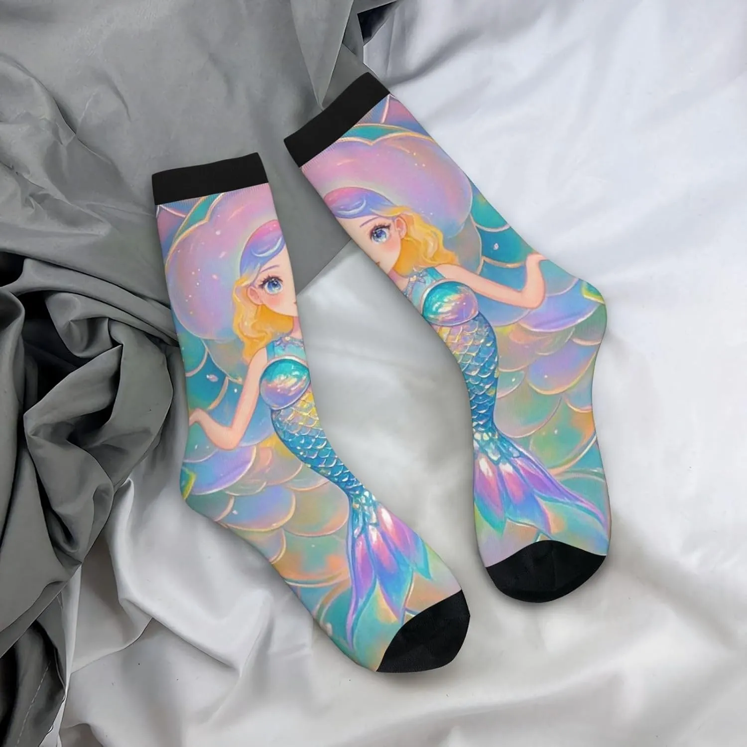 Socks for Women Men Dreamy Gradient Mermaid Scales Boot Socks Breathable Warm Calf Socks for Hiking Work