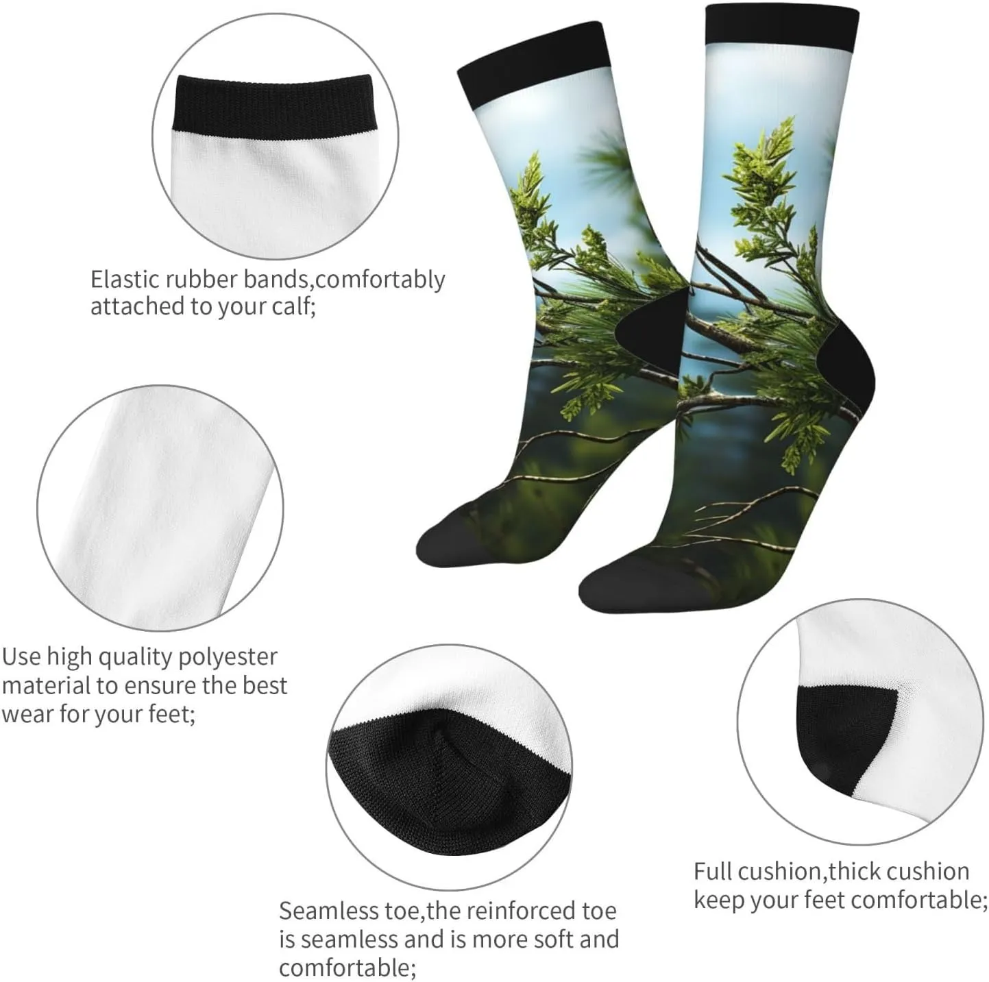 Socks for Women Men Pine Branches and Leaves Boot Socks Breathable Warm Calf Socks for Hiking Work