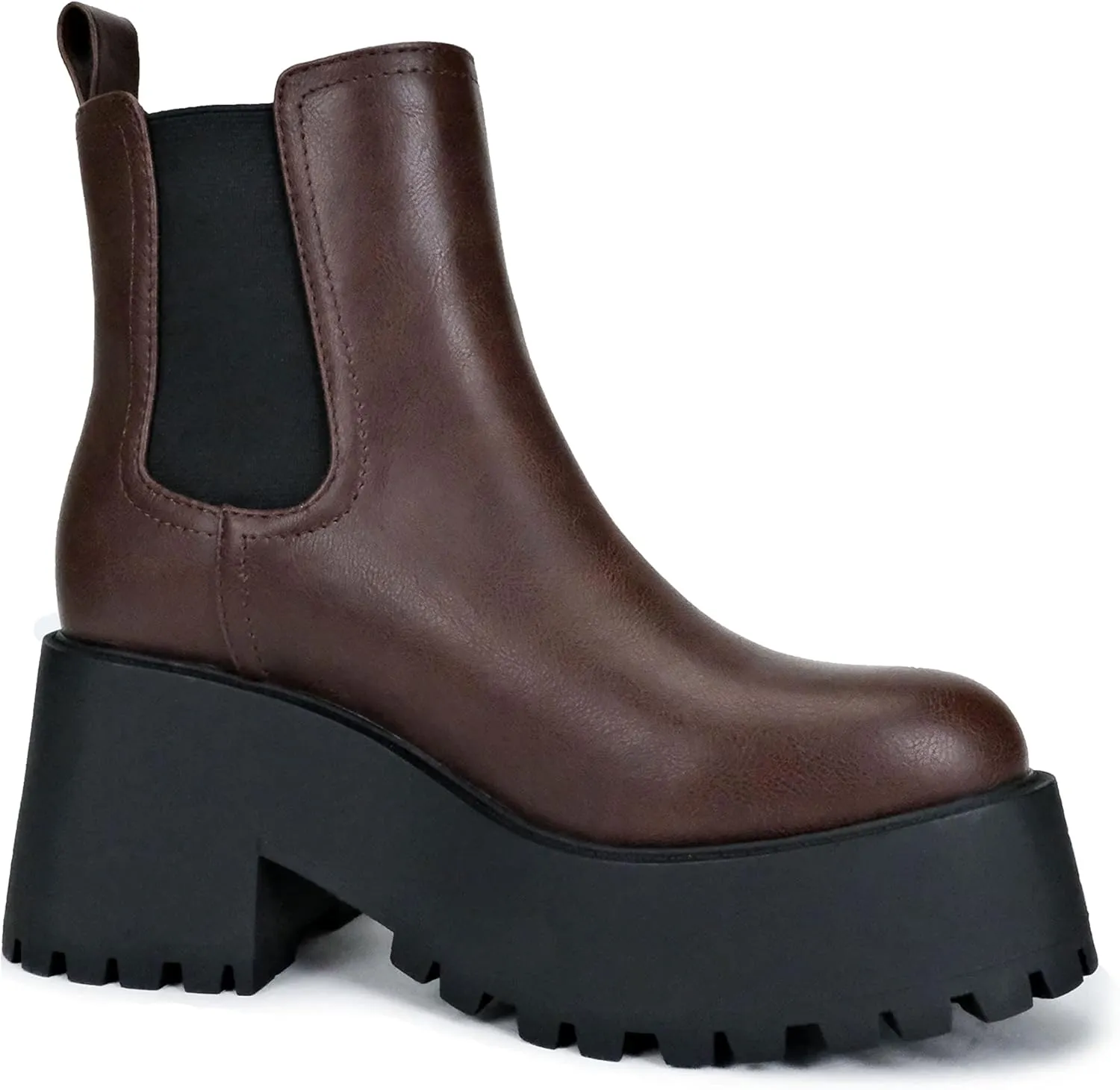 Soda INSTANT Women Chunky Lug Sole Mid Heel Chelsea Fashion Ankle Bootie w/Double Elastic Gore