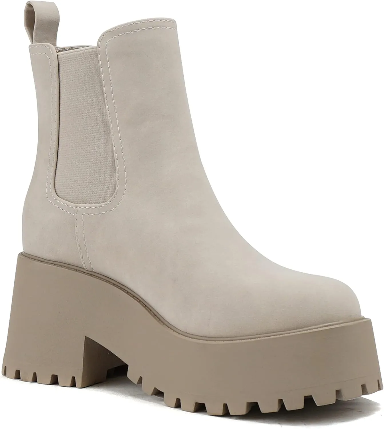 Soda INSTANT Women Chunky Lug Sole Mid Heel Chelsea Fashion Ankle Bootie w/Double Elastic Gore