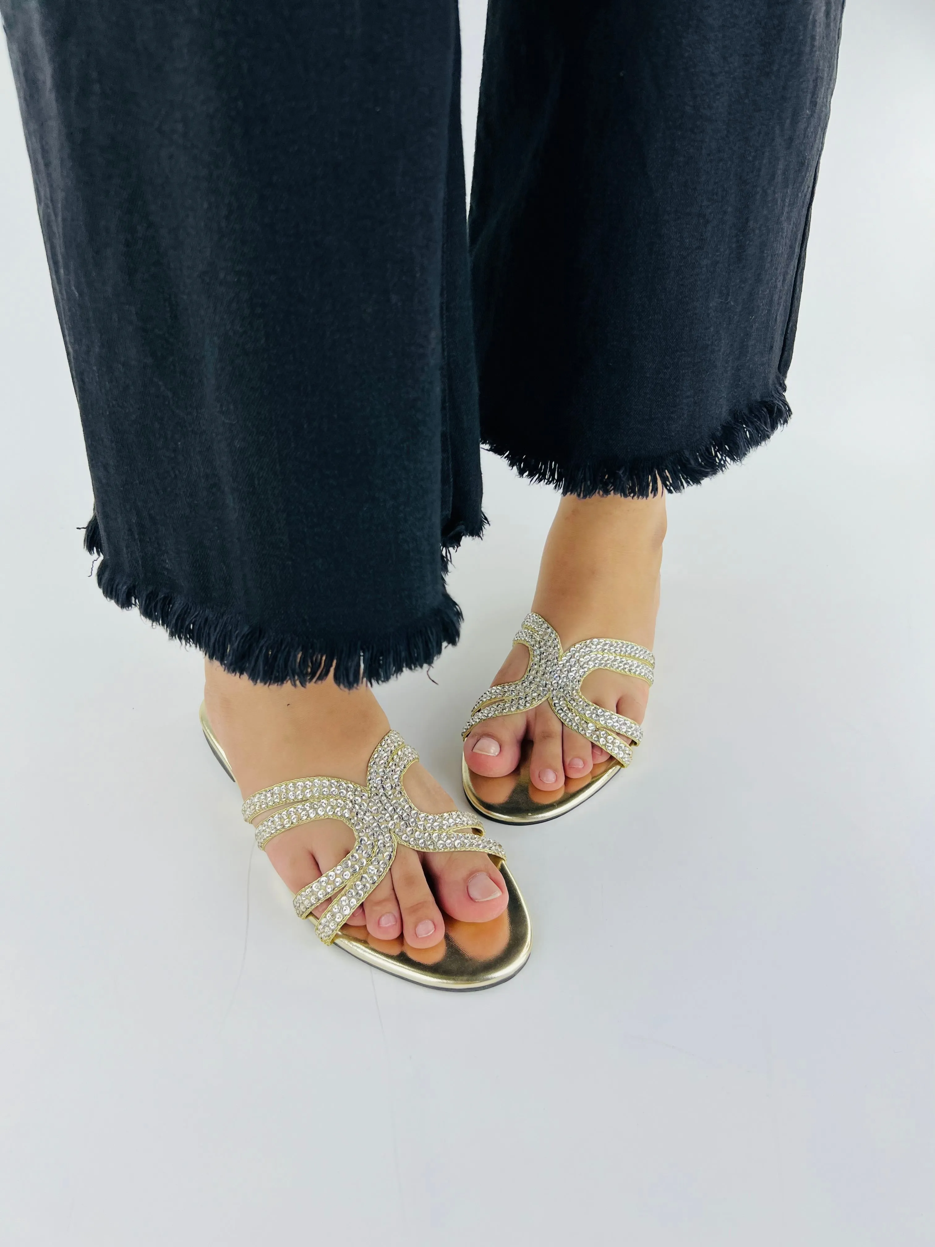 Spunkz Ava Rhinestone Flat Golden Slides-11049