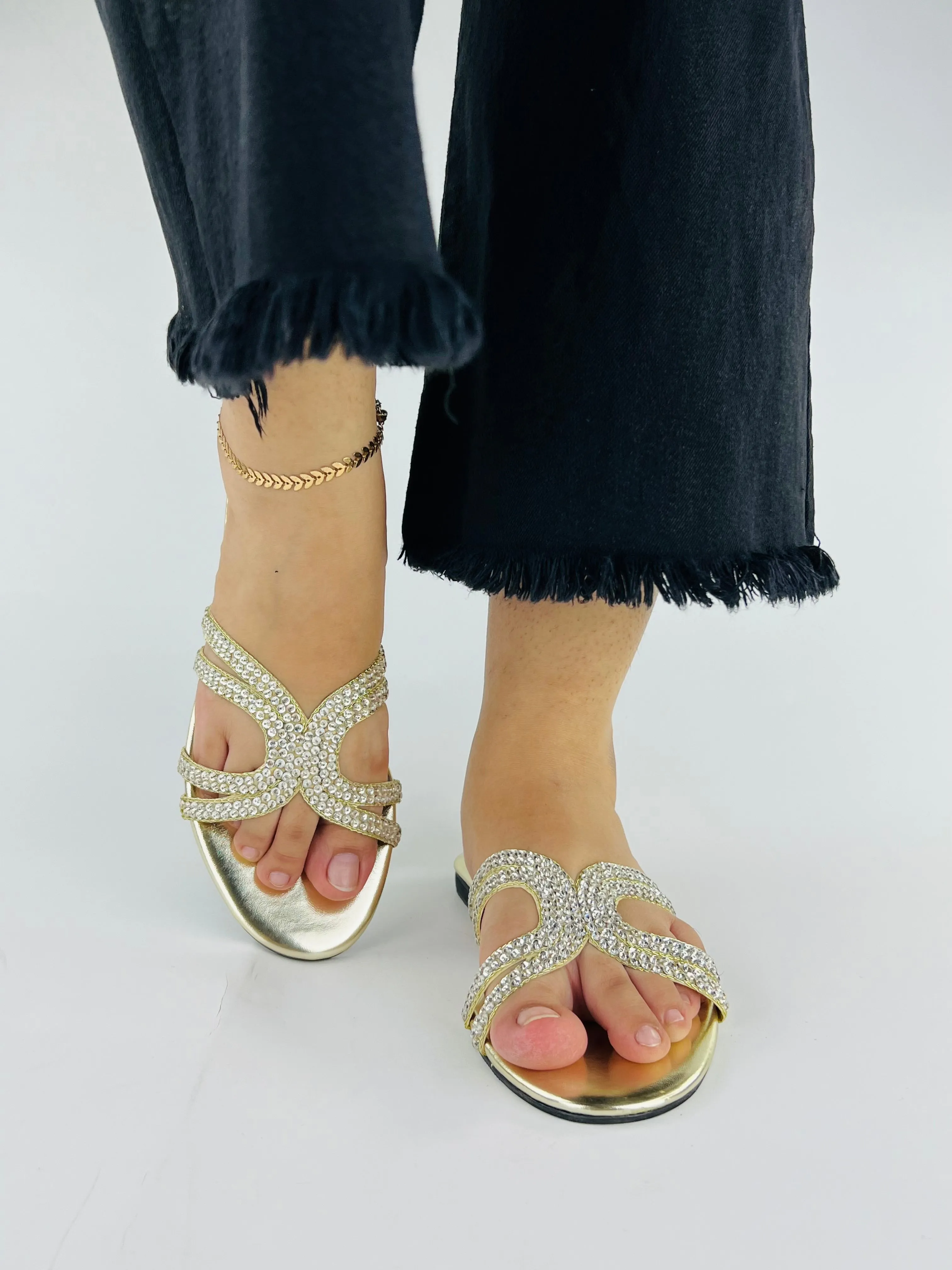 Spunkz Ava Rhinestone Flat Golden Slides-11049