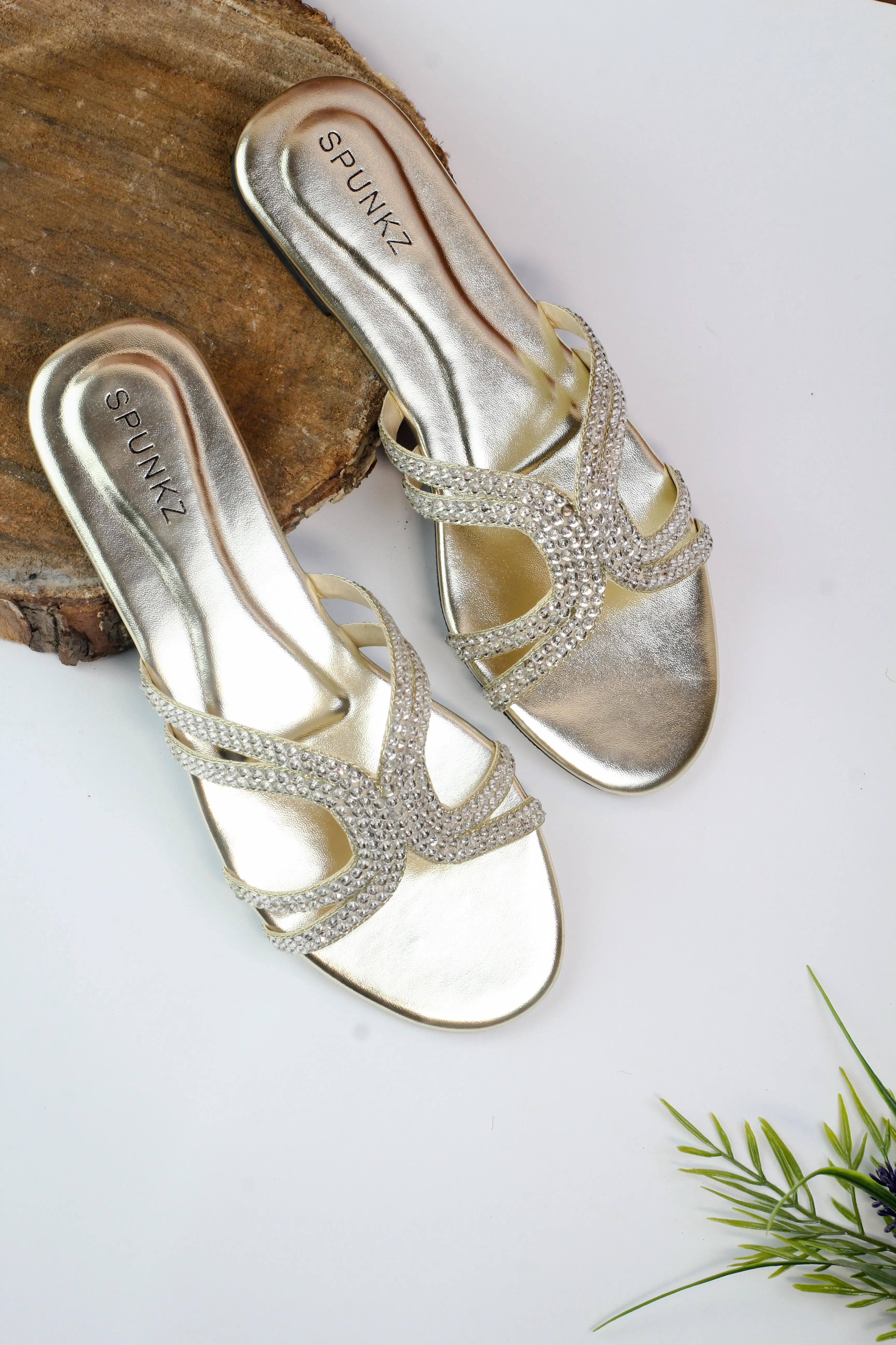 Spunkz Ava Rhinestone Flat Golden Slides-11049