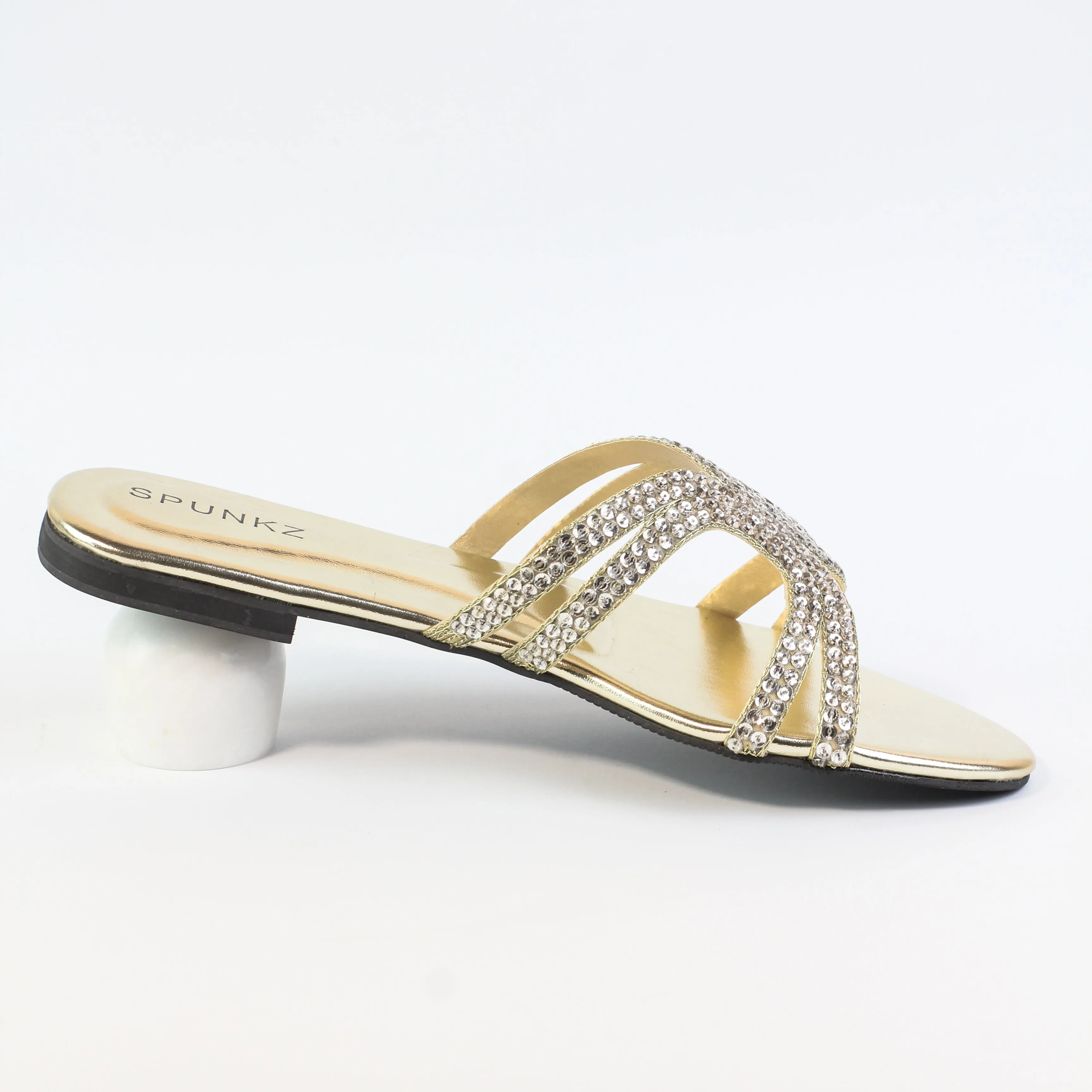 Spunkz Ava Rhinestone Flat Golden Slides-11049