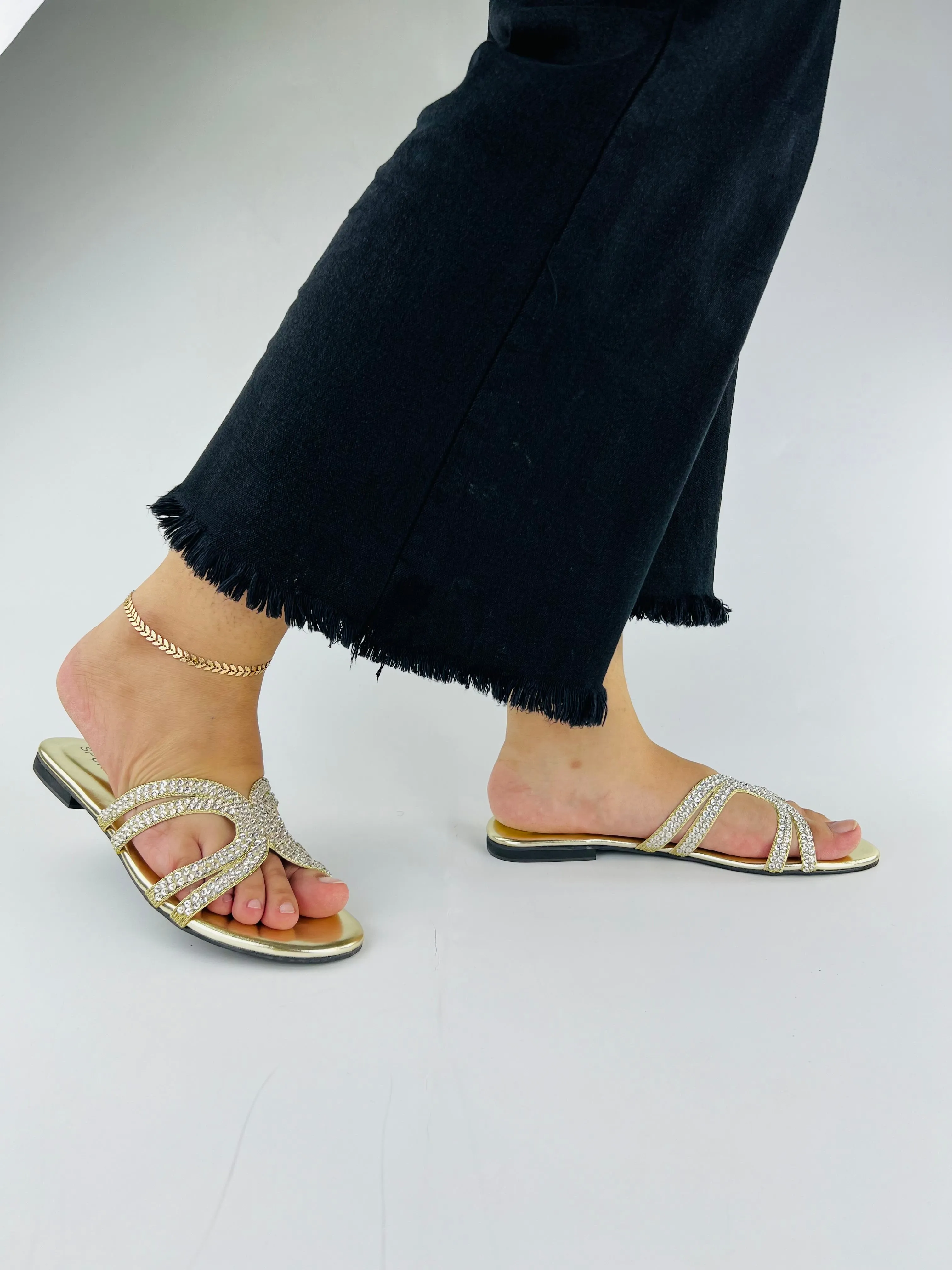 Spunkz Ava Rhinestone Flat Golden Slides-11049