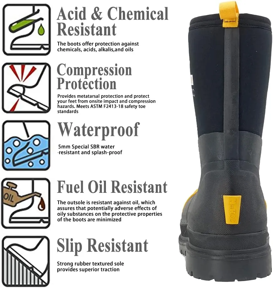 Steel Toe Work Boot for Men, Waterproof Rubber Safety boots, Mid-Calf Durable Protective Footwear, Construction Boot for Industrial Working