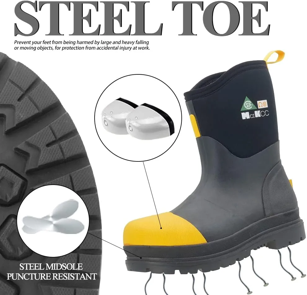 Steel Toe Work Boot for Men, Waterproof Rubber Safety boots, Mid-Calf Durable Protective Footwear, Construction Boot for Industrial Working