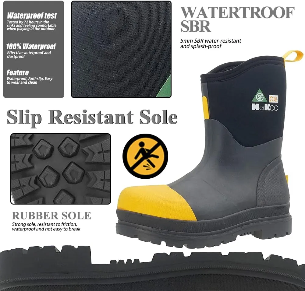 Steel Toe Work Boot for Men, Waterproof Rubber Safety boots, Mid-Calf Durable Protective Footwear, Construction Boot for Industrial Working