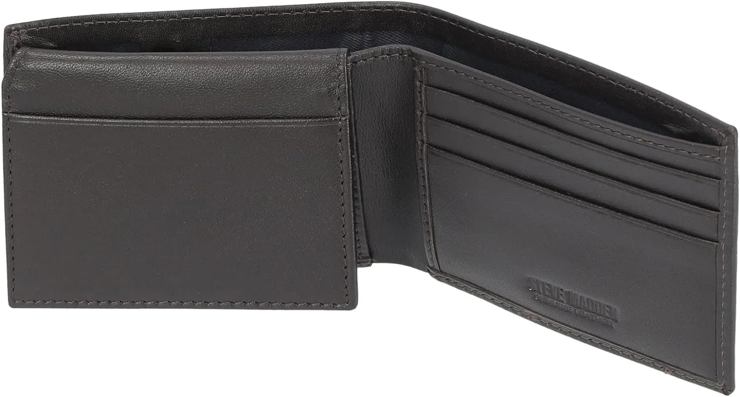 Steve Madden Men's Slim Leather Wallet with Extra Capacity Attached Flip Pockets
