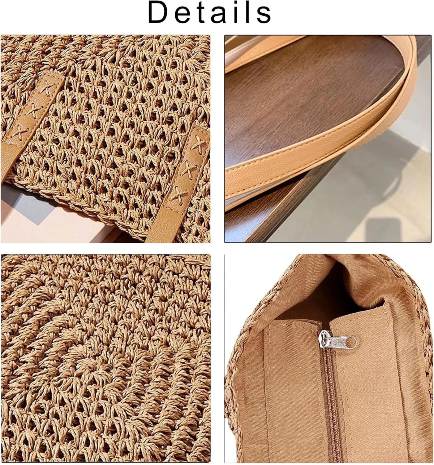 Straw Beach Bags for Women Summer Beach Tote Bag With Zipper Large Soft Woven Straw Shoulder Summer Vacation Purse